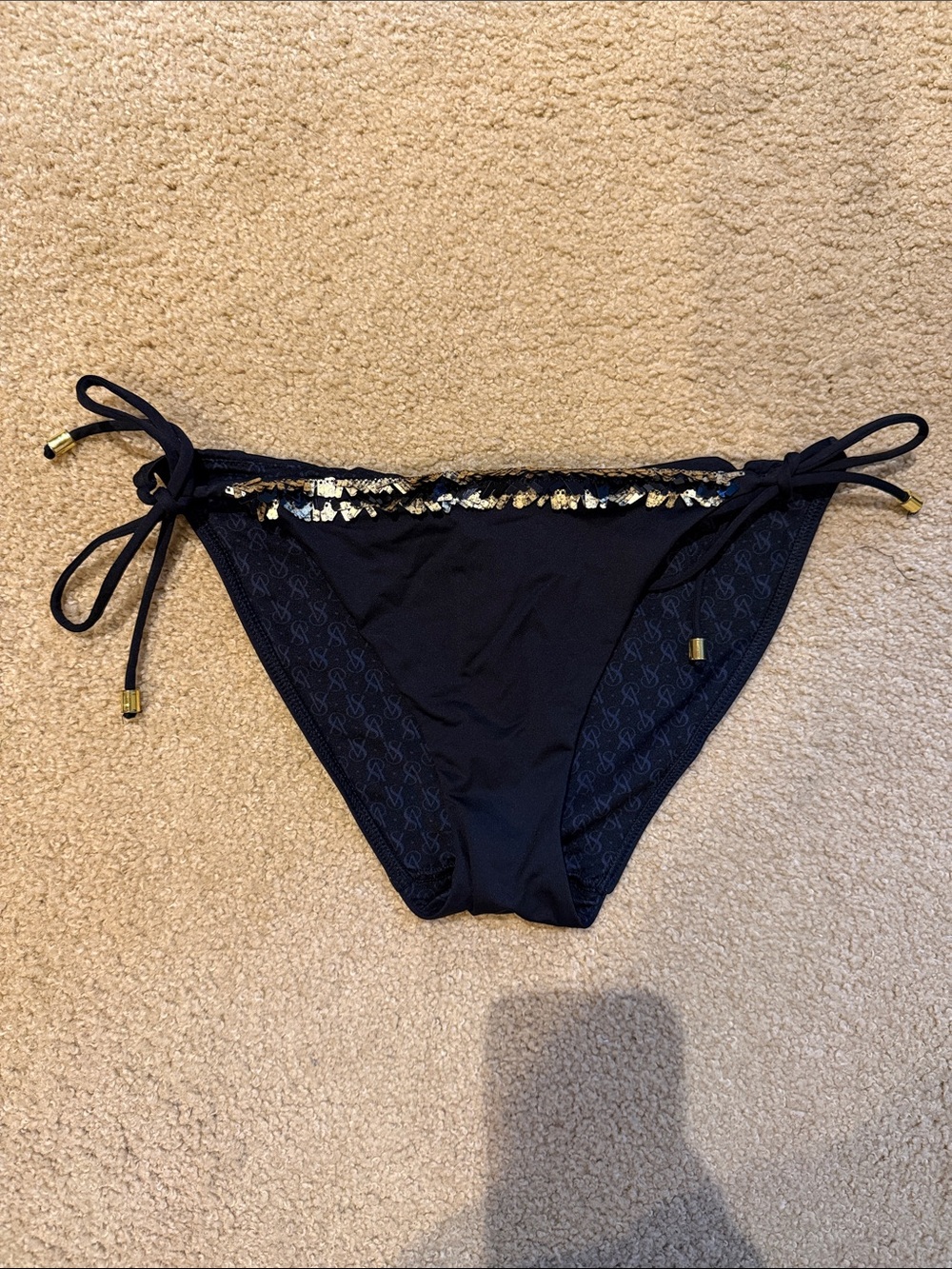 414 Victoria’s Secret Black Tie Side Bikini Bottom Gold Sequin Trim Size M